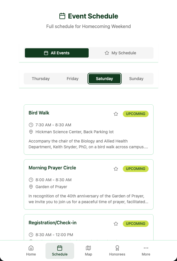 Homecoming Weekend app screen 3