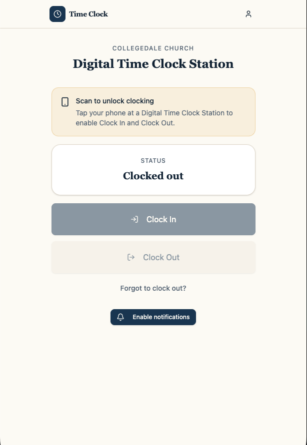 Time Clock app screen 1